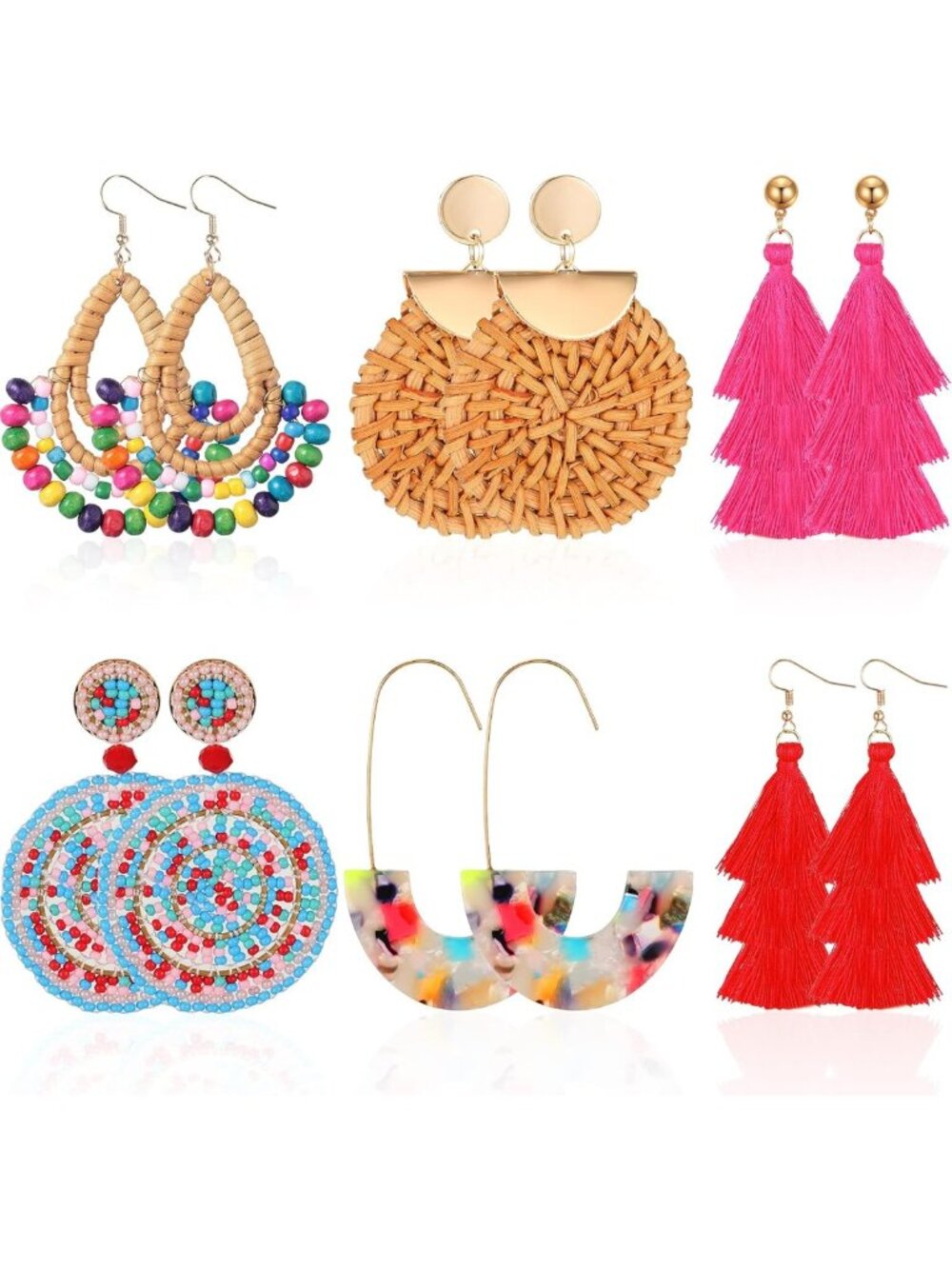 Boho Rattan Earrings Set - 6 Pairs of Stylish Women's Accessories